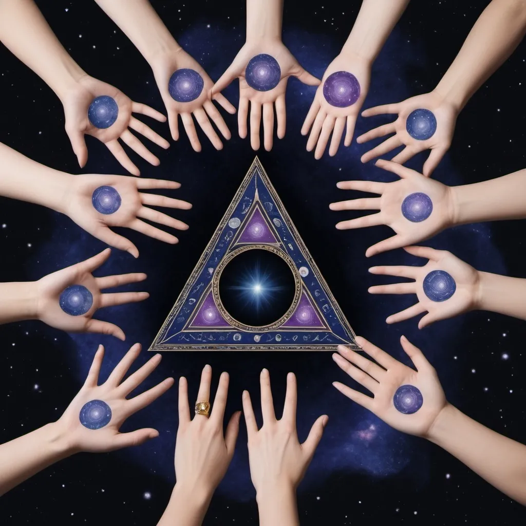 Prompt: Eight sets of the number 8, arranged in an aesthetically pleasing and symmetrical pattern.
Hands positioned to form a triangle, reminiscent of the Illuminati symbol, at the center of the design.
Inside the triangle formed by the hands, depict a different universe, full of stars, galaxies, and celestial wonders, to give a sense of looking into another dimension.
A mystical and ethereal atmosphere, with elements that suggest the theme of ascension and the celestial.
Use a color palette that includes deep blues, purples, and touches of gold to evoke a sense of mystery and grandeur.
Integrate subtle, glowing effects around the hands and the eights to enhance the otherworldly feel.