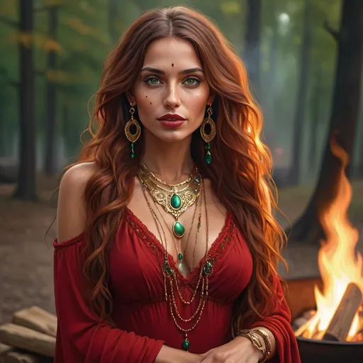 Prompt: Realistic digital painting of a gipsy woman, red wavy long hair, green eyes, red rounded lips, tall figure, red gipsy dress, gold rings, earrings, necklace and bracelet, detailed, elegant style, high quality, realistic, warm tones, natural lighting, night, firepit, woods in the background