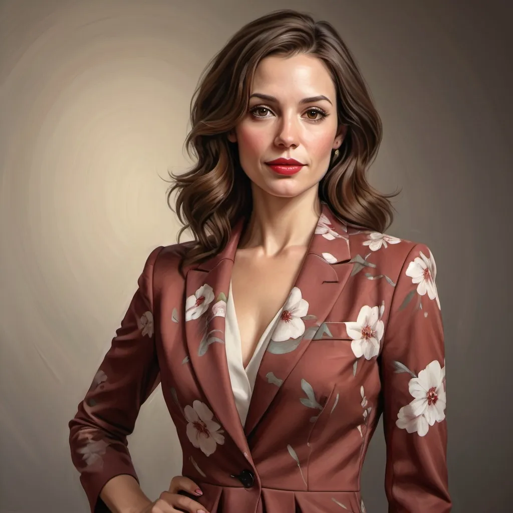 Prompt: Realistic digital painting of a sophisticated 35-year-old woman, brown wavy shoulder-length hair, brown eyes, red rounded lips, tall figure, medium weight size, floral dress, blazer, scarpin heels, high quality, realistic, detailed, elegant style, warm tones, natural lighting