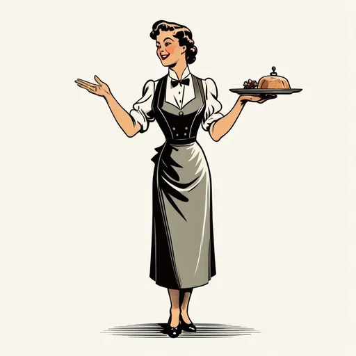 Prompt: Illustrated woman vintage waiter, halph plan, showing left standing hand opened showing her 5 fingers, vector, solid white background, simple color palette