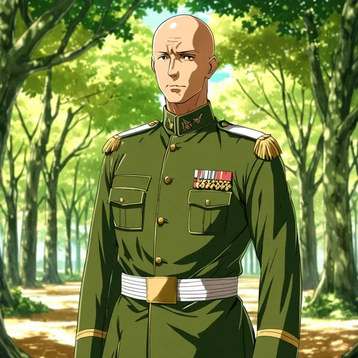 Prompt: anime, man in 40's, detailed, hair, bald, fit, in military uniform.