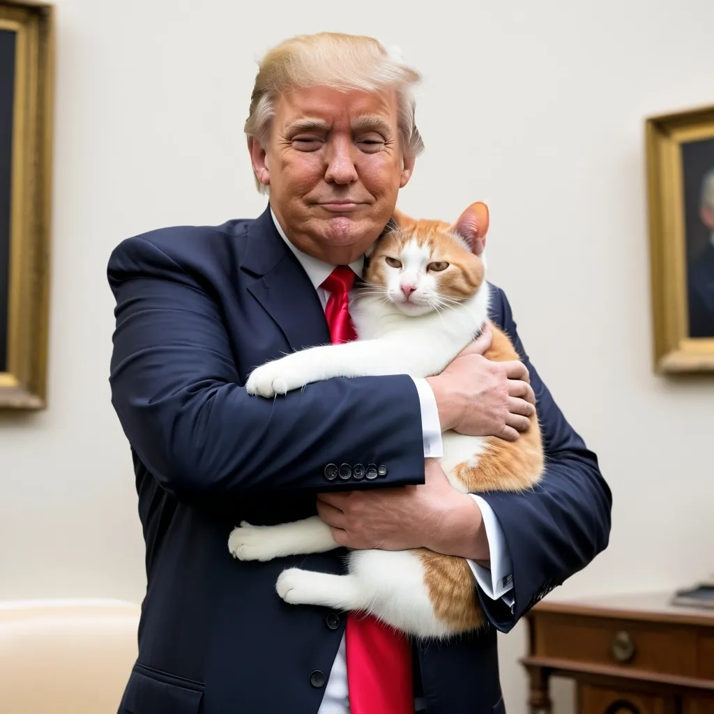 Prompt: Donald trump hugging cat