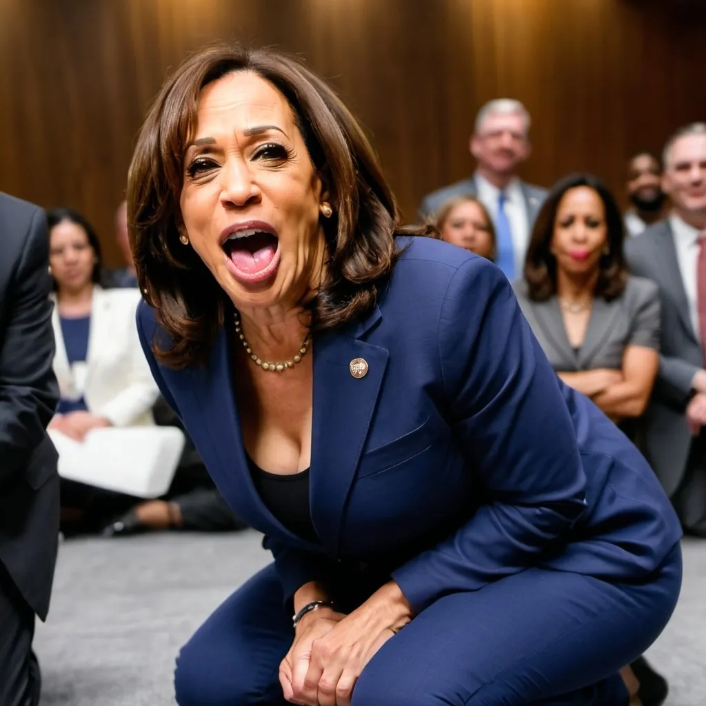 Prompt: kamala harris kneeling with tongue out