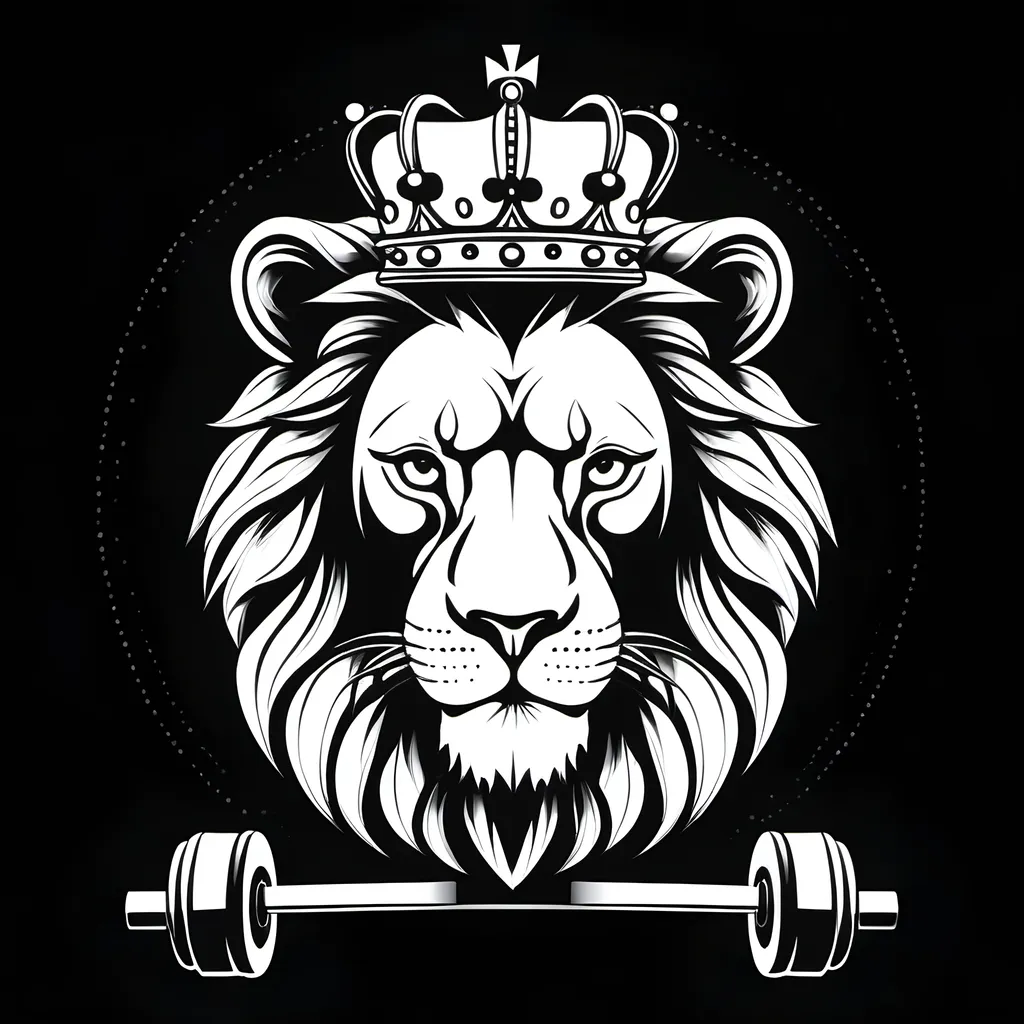 Prompt: Create an image of an outline of a lion with a crown and weights make background black

