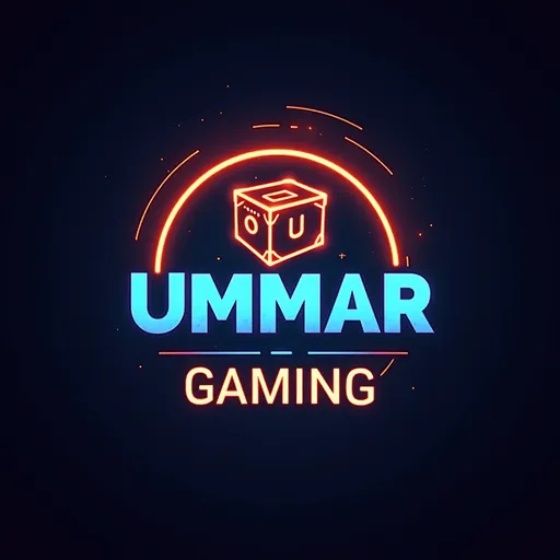 Prompt: Professional circular gaming logo for "UMMAR GAMING", neon blue and orange, dark background, bold futuristic text, includes loot crate or gaming icon, clean and modern style for TikTok profile.