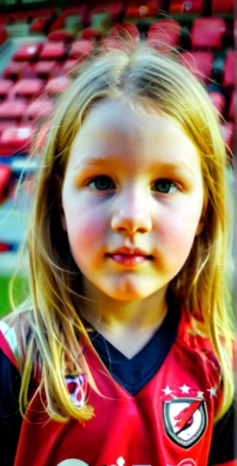 Prompt: Young girl, blonde hair, smiling, holding a soccer ball, wearing a Portland Thorns jersey, dreaming of playing soccer for Portland Thorns NSWL team, realistic digital painting, vibrant and energetic, determined expression, soccer uniform, soccer ball, stadium backdrop, high quality, realistic, vibrant, determined expression, soccer uniform, soccer ball, stadium backdrop, professional digital painting, dynamic lighting