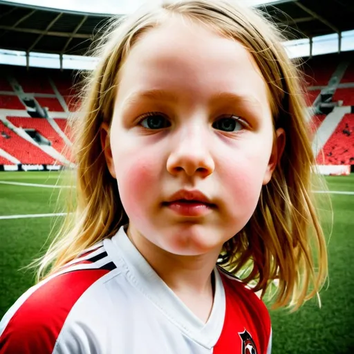 Prompt: Young girl, blonde hair, Portland Thorns jersey, dreaming of playing soccer for home town NSWL team, realistic digital painting, vibrant and energetic, determined expression, soccer uniform, soccer ball, stadium backdrop, high quality, realistic, vibrant, determined expression, soccer uniform, soccer ball, stadium backdrop, professional digital painting, dynamic lighting