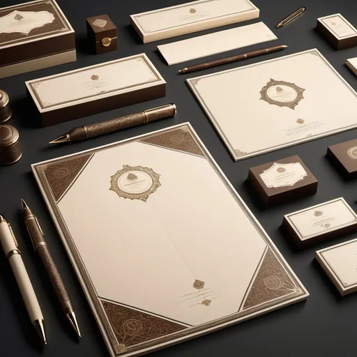 Prompt: Create a design for luxurious stationery tools with a heritage theme combining Emirati and English styles, using light, elegant, and traditional colors, set in a luxurious office similar to a library room measuring 6x8.