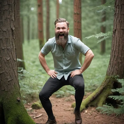 Prompt: Extremely jolly bearded fella slapping his knee full body in forest 