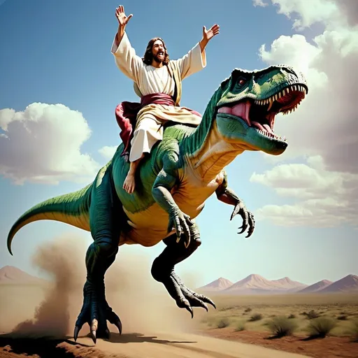 Prompt: Jesus riding a T-Rex on its back