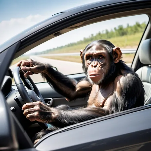 Prompt: A chimpanzee driving a luxury sport car at high speed on the highway with one hand out the window 