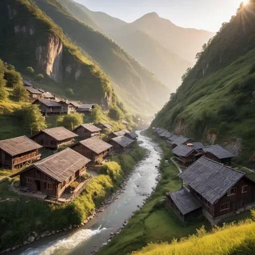 Prompt: Beautiful scenery with rustic houses built on the side of a mountain. It's early morning with the sun merely visible from behind the mountain. There is a river in the valley at the foot of the mountain.