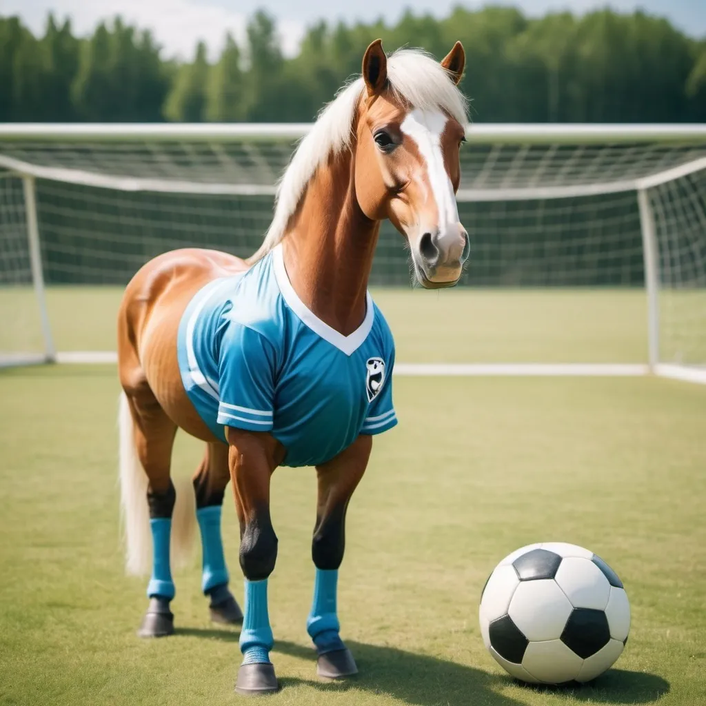 Prompt: A anthropomorphic horse, wearing a soccer uniform, holding a soccer ball, professional soccer field, natural light, warm summer day 