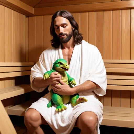 Prompt: Jesus holding a baby dinosaur while sitting in a sauna 