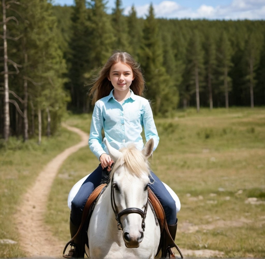 Prompt: Young girl horseriding in the wilderness on a sunny day 