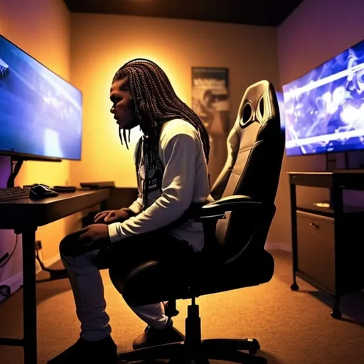 Prompt: A black African American with long hair In a gaming room setting playing the game on a chair like a gangster 