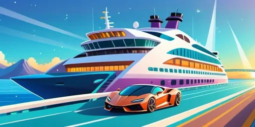 Prompt: Cartoonish colorful of a fast supercar, a majestic bridge, and a luxurious cruise ship with beautiful vibrant colors at the golden hour, also make sure its sunset time with warm colors and bright stars with nice depth to objects

