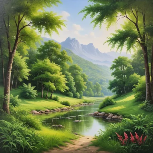 Prompt: High-definition landscape with lush natural scenery, serene atmosphere, vibrant greenery, peaceful and tranquil, detailed foliage, clear and crisp, realistic, oil painting, calming, soothing, nature, highres, ultra-detailed, serene, lush greenery, peaceful atmosphere, detailed foliage, realistic, calming, oil painting