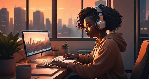 Prompt: ( a black woman sitting at a desk with a computer and headphones, vibrant city view through the window), (Atey Ghailan style), warm lighting creating a cozy atmosphere, detailed computer graphics, sleek and modern workspace, focus on the contemplative expression of the person, soft shadows illuminating the room, 4K ultra-detailed image.