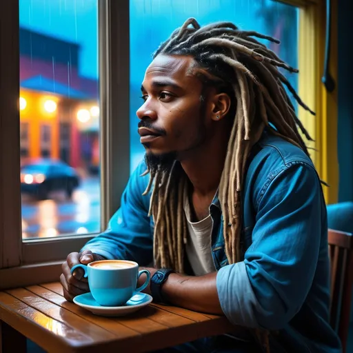 Prompt: An African American man with dreadlocks and a thoughtful gaze, sitting by a rainy window, a cup of coffee in hand, the glow of streetlights and vibrant colors creating a dreamy and relaxed atmosphere, blues-inspired tones.