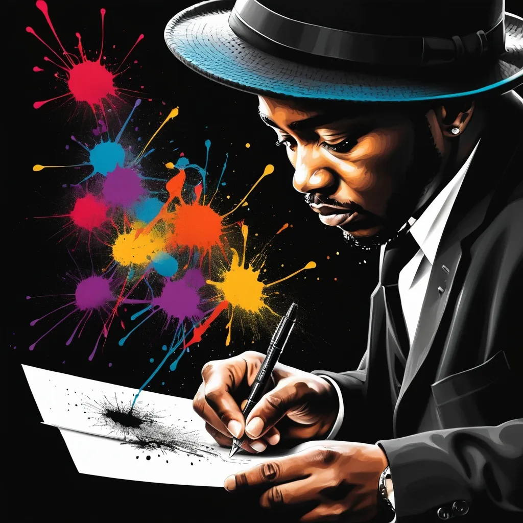 Prompt: a man in a hat writing on a piece of paper with a pen and ink splattered on it, Ella Guru, black arts movement, digital artwork, digital art