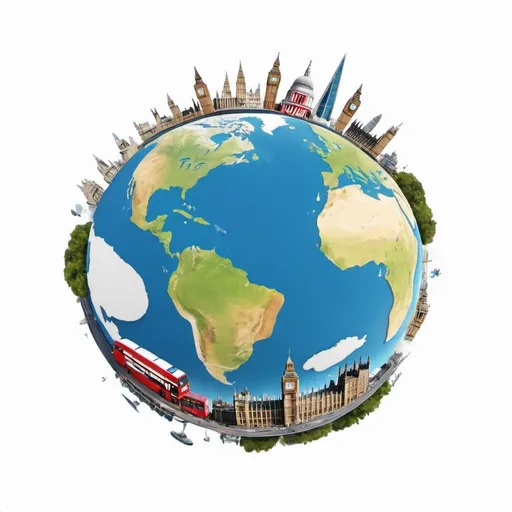 Prompt: With a white background, create an animated image of the Earth with london landmarks around it 