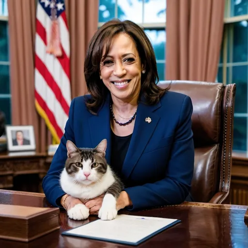 Prompt: Kamala Harris sitting at the Resolute Desk with a cat on her lap