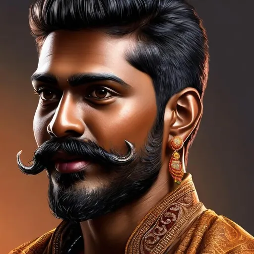 Prompt: Realistic digital portrait of a confident Tamil man, warm skin tones, traditional attire with intricate patterns, expressive eyes, detailed beard and mustache, dynamic lighting and shadows, high quality, realistic, warm tones, traditional clothing, confident expression, detailed facial features, professional lighting