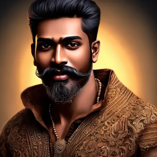 Prompt: Realistic digital portrait of a confident Tamil man, warm skin tones, traditional attire with intricate patterns, expressive eyes, detailed beard and mustache, dynamic lighting and shadows, high quality, realistic, warm tones, traditional clothing, confident expression, detailed facial features, professional lighting