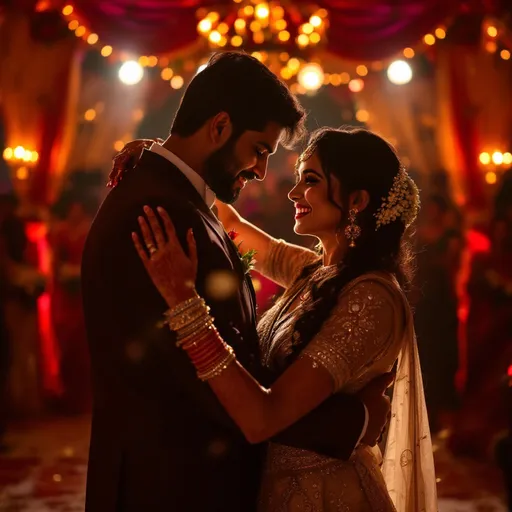 Prompt: A romantic first dance with soft lighting happy wedding anniversary Dharama weds Prabha