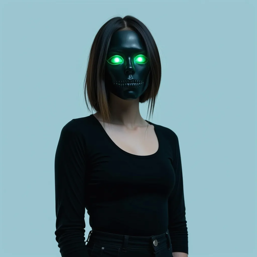 Prompt: Villain who possess power of necromancy and manipulation of death. Attractive female in mask on eyes with dark green aura. In full height.