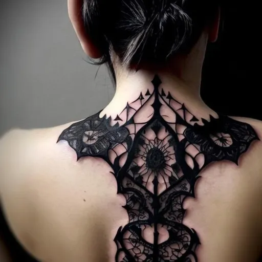 Prompt: gothic lace tattoo on the neck of a girl with black hair