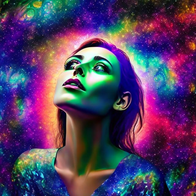 Prompt: woman looking up at iridescent psychedelic galaxy night sky