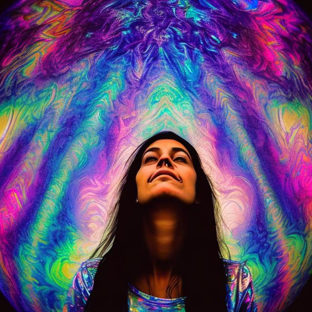 Prompt: woman looking up at iridescent psychedelic galaxy night sky