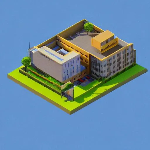 Prompt: Tiny isometric hotel building 100mm lens, 3d blender render, trending on polycount, modular constructivism, blue blackground, physically based rendering, centered