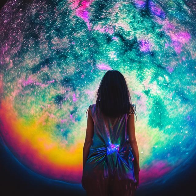 Prompt: woman standing on the ground looking up at iridescent psychedelic planet in the night sky