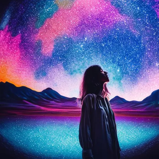 Prompt: woman standing on the ground looking up at iridescent psychedelic planet in the night sky