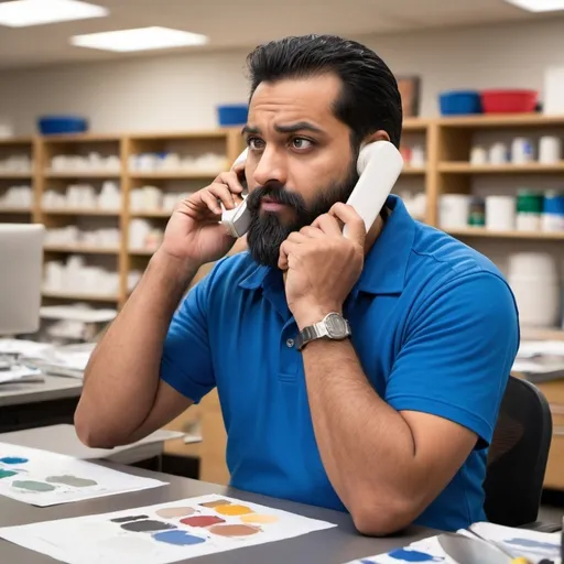 Prompt: sherwin williams employee with a blue shirt is speaking on the phone with a client who raises concerns about the product of paint use it as a comic strip far distance. Indian who is well fit and has a beard  
