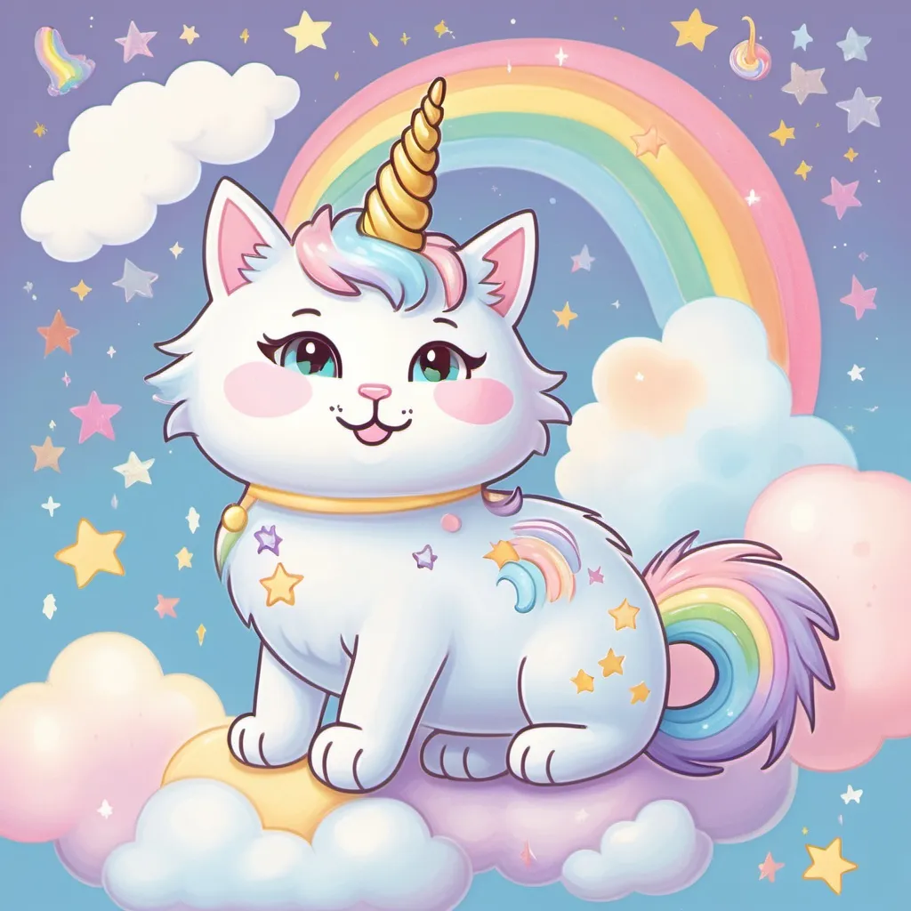 Prompt: : A playful cat with a unicorn horn on its head, floating on a fluffy cloud. Its fur has pastel rainbow highlights, and it wears a mischievous smile. The cat's tail is shaped like a sparkling rainbow, and small stars twinkle around it. Below the cat, a banner reads “Believe in Magic.”
Details:
Soft pastel colors for a dreamy vibe.
Rainbow and glitter effects surrounding the cat’s horn and tail.
Playful and whimsical expression.