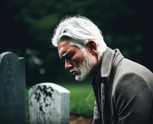Prompt: Man looking down with white hair. he is sad and angry at the same time. He is looking at a grave stone