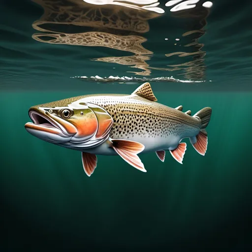 Prompt: a lake trout swimming towards the camerain 3 dimensions as if it is getting smaller. like a logo
