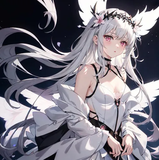 Prompt: anime, animecore, soft, softcore, drawing, soft anime artstyle, dark aesthetic
female, girl, fluffy silver hair, sharp eyes, rosy tinted lips, low cut lace bodysuit, daring, full body focus
choker, harness, small wings, delicate flower crown
Expensive apartment backdrop