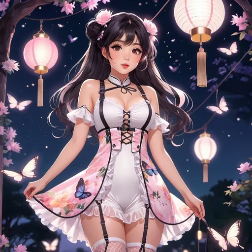 Prompt: anime, open wavy hair, raven hair, onyx eyes, braids, buns, asian woman in a babypink floral dress, white body harness, wearing white fishnet stockings, cute aesthetic, tinted rosy lips, moonlit park, glowing butterflies, lanterns