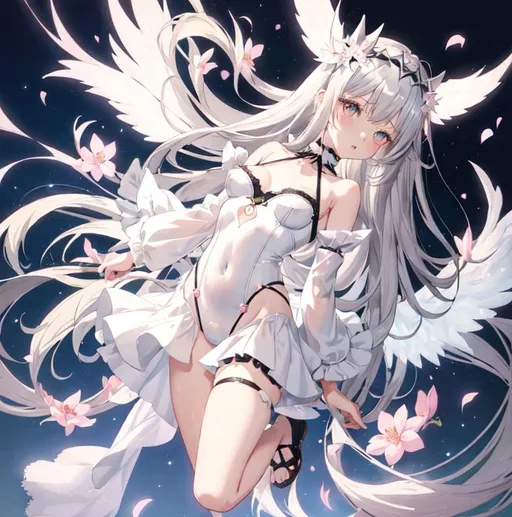 Prompt: anime, animecore, soft, softcore, drawing, soft anime artstyle, dark aesthetic
female, girl, fluffy silver hair, sharp eyes, rosy tinted lips, low cut lace bodysuit, daring, full body focus
choker, harness, small wings, delicate flower crown
Expensive apartment backdrop
