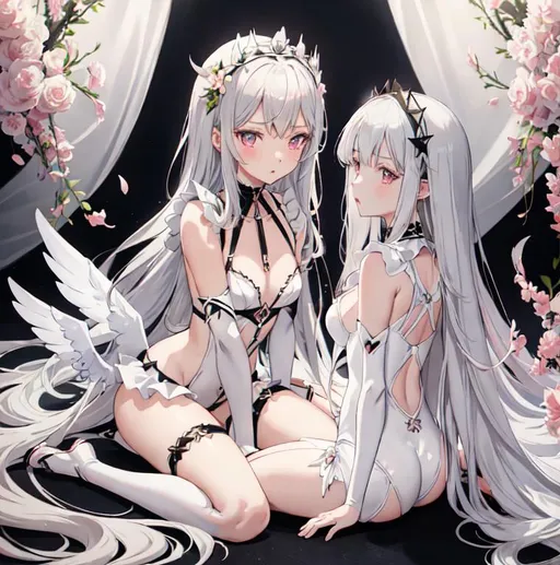 Prompt: anime, animecore, soft, softcore, drawing, soft anime artstyle, dark aesthetic
female, girl, fluffy silver hair, sharp eyes, rosy tinted lips, low cut lace bodysuit, daring, full body focus
choker, harness, small wings, delicate flower crown
Expensive apartment backdrop