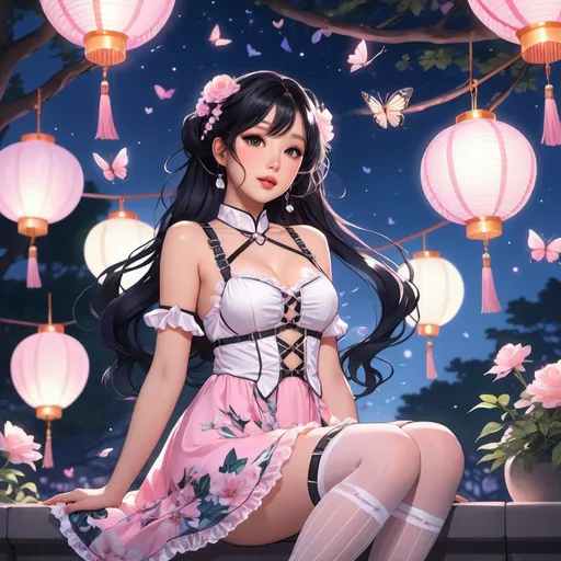 Prompt: anime, open wavy hair, raven hair, onyx eyes, braids, buns, asian woman in a babypink floral dress, white body harness, wearing white fishnet stockings, cute aesthetic, tinted rosy lips, moonlit park, glowing butterflies, lanterns