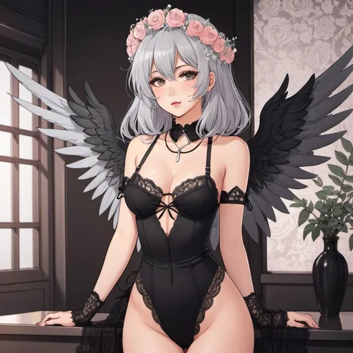 Prompt: anime, animecore, soft, softcore, drawing, soft anime artstyle, dark aesthetic
female, girl, fluffy silver hair, sharp eyes, rosy tinted lips, low cut lace bodysuit, daring, full body focus
choker, harness, small wings, delicate flower crown
Expensive apartment backdrop