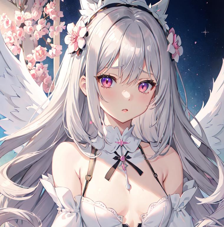 Prompt: anime, animecore, soft, softcore, drawing, soft anime artstyle, dark aesthetic
female, girl, fluffy silver hair, sharp eyes, rosy tinted lips, low cut lace bodysuit, daring, full body focus
choker, harness, small wings, delicate flower crown
Expensive apartment backdrop