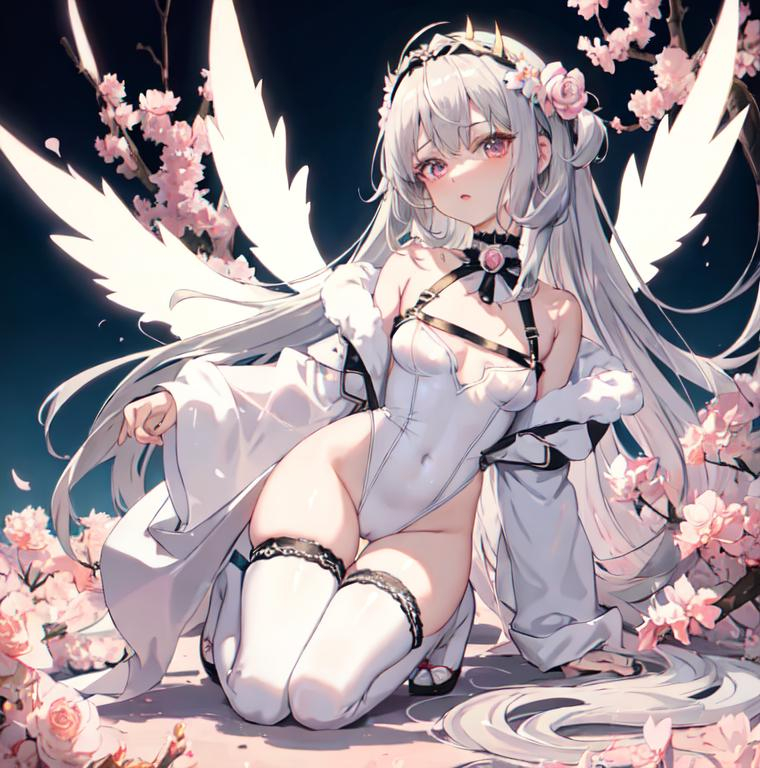 Prompt: anime, animecore, soft, softcore, drawing, soft anime artstyle, dark aesthetic
female, girl, fluffy silver hair, sharp eyes, rosy tinted lips, low cut lace bodysuit, daring, full body focus
choker, harness, small wings, delicate flower crown
Expensive apartment backdrop