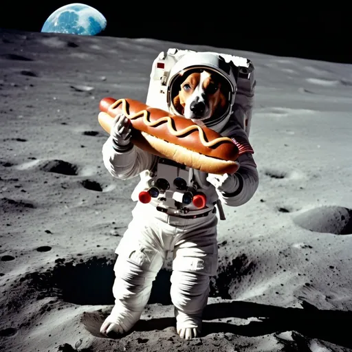 Prompt: an astronaut hot dog dog walking in on the moon